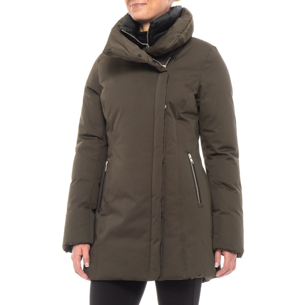 Women's Olive Puffer Coat with High Funnel Collar